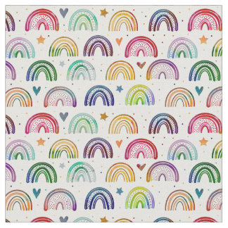 Colorful Watercolor Rainbows hearts & star pattern Fabric