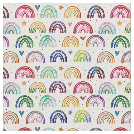Colorful Watercolor Rainbows hearts & star pattern Fabric
