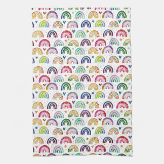 Colorful Watercolor Rainbows hearts & star pattern Kitchen Towel