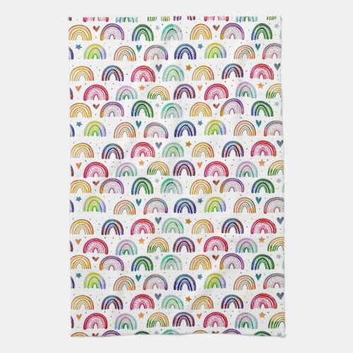 Colorful Watercolor Rainbows hearts  star pattern Kitchen Towel