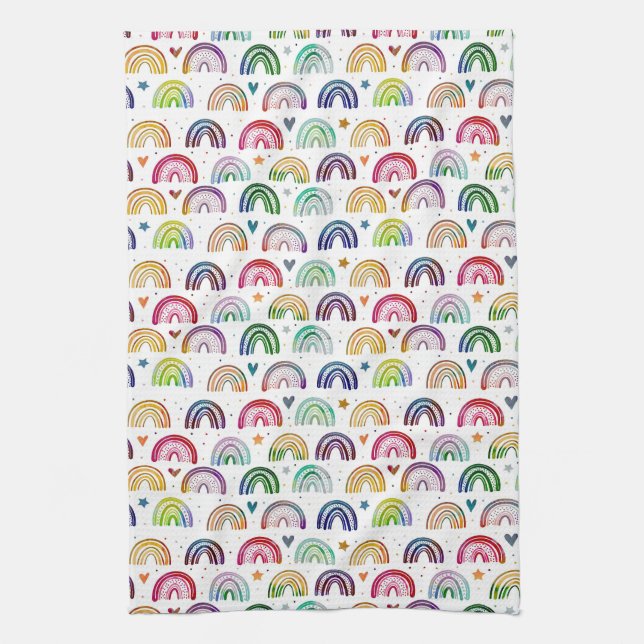 Colorful Watercolor Rainbows hearts & star pattern Kitchen Towel (Vertical)