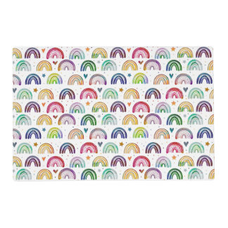 Colorful Watercolor Rainbows hearts & star pattern Placemat