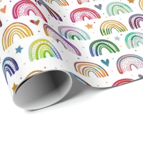 Colorful Watercolor Rainbows hearts  star pattern Wrapping Paper