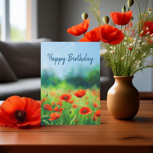 Colorful Watercolor Red Poppy Field Birthday Card (Creator Uploaded)