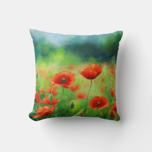 Colorful Watercolor Red Poppy Field Throw Pillow