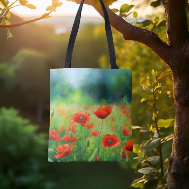Colorful Watercolor Red Poppy Field Tote Bag (Colorful Field with Poppies Tote Bag.  The perfect gift for a flower lover.)
