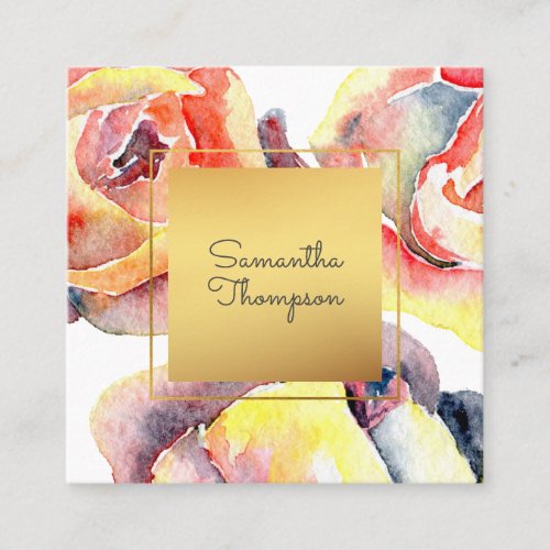 Colorful Watercolor Roses and Gold Modern Square Business Card
