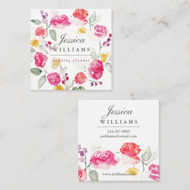 Colorful Watercolor Roses Wreath Business Card (Front/Back)