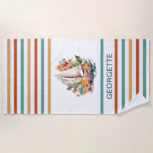 Colorful Watercolor Sailboat Monogramed Beach Tow