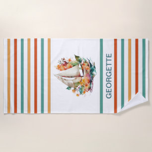 Colorful Watercolor Sailboat Monogramed Beach Tow Beach Towel