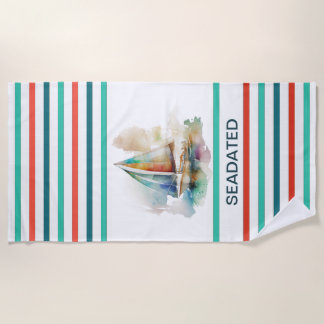 Colorful Watercolor Sailboat Monogramed Beach Towel