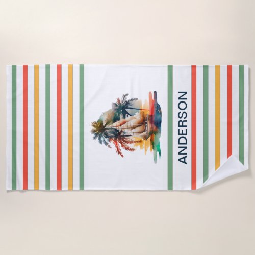 Colorful Watercolor Sailboat Monogramed  Beach Towel