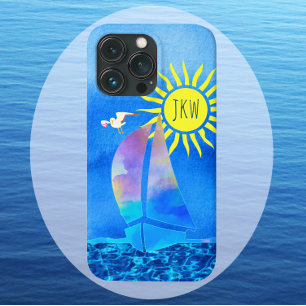 Colorful Watercolor Sailboat Sun Seagull Waves iPhone 13 Pro Case