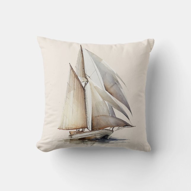 Colorful Watercolor Sailboat Throw Pillow (Front)