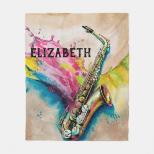 Colorful Watercolor Saxophone Splash Custom Fleece Blanket