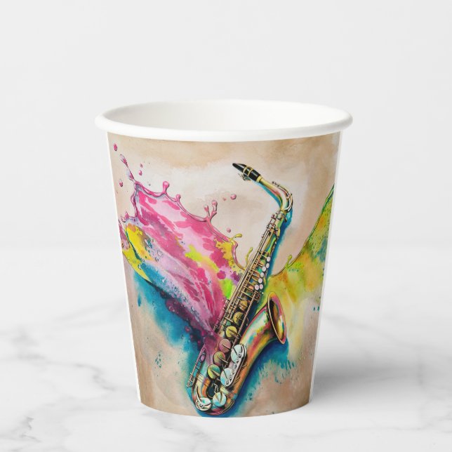 Colorful Watercolor Saxophone Splash Paper Cups (Front)
