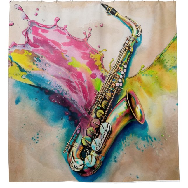 Colorful Watercolor Saxophone Splash Shower Curtain (Front)