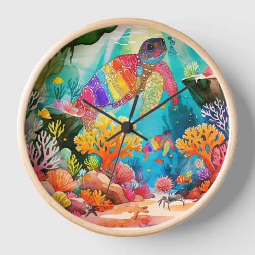 Colorful Watercolor Sea Turtle Clock