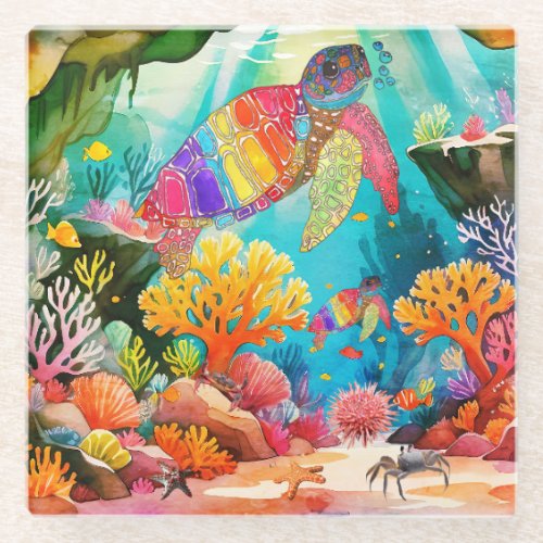 Colorful Watercolor Sea Turtle Glass Coaster