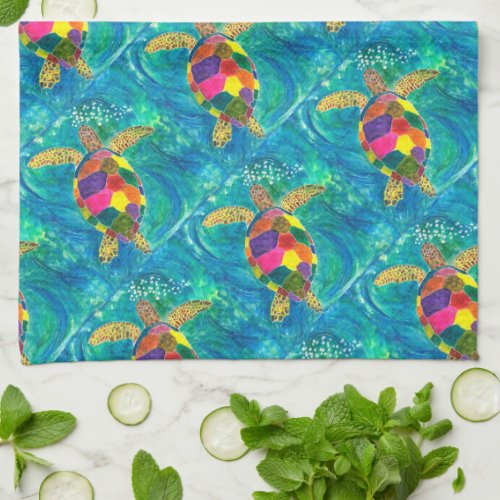 Colorful Watercolor Sea Turtle Kitchen Towel