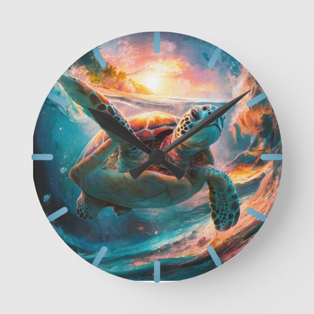 Colorful Watercolor Sea Turtle Round Clock (Front)