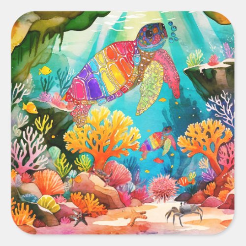 Colorful Watercolor Sea Turtle Square Sticker