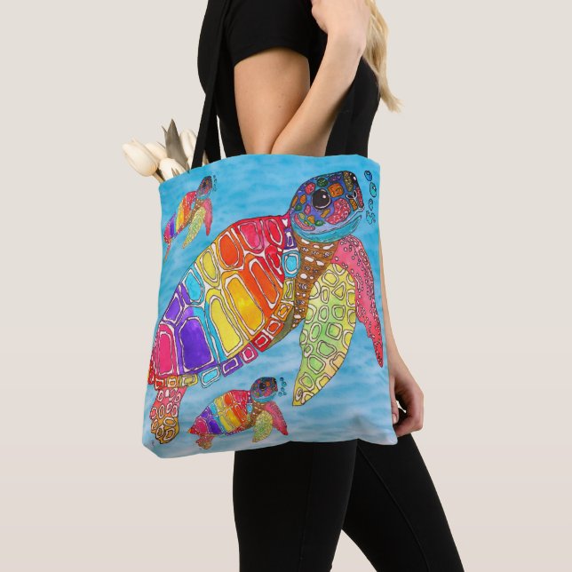 Colorful Watercolor Sea Turtle  Tote Bag (Close Up)