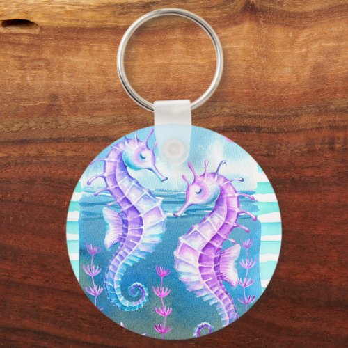 Colorful Watercolor Seahorse and Shells Keychain