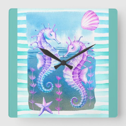 Colorful Watercolor Seahorse and Shells Wall Clock