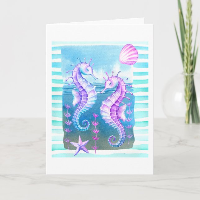 Colorful Watercolor Seahorse Folded Greeting Card (Front)