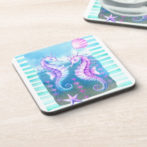 Colorful Watercolor Seahorses Coaster Set 6