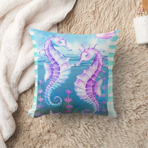 Colorful Watercolor Seahorses Throw Pillow
