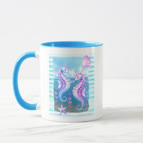 Colorful Watercolor Seahorses Two Tone Coffee Mug