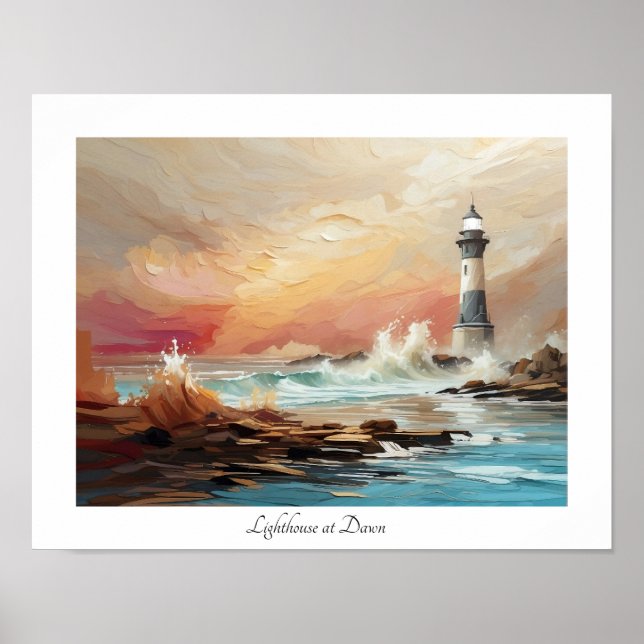 Colorful Watercolor Seaside Lighthouse at Dawn Poster (Front)