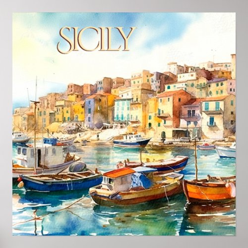 Colorful Watercolor Sicily Harbor Travel Poster