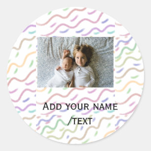 Colorful watercolor spiral pattern add photo name  classic round sticker