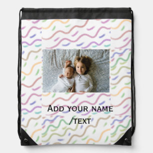 Colorful watercolor spiral pattern add photo name  drawstring bag