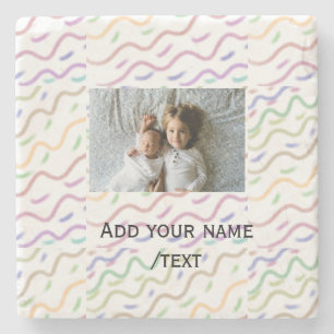Colorful watercolor spiral pattern add photo name stone coaster