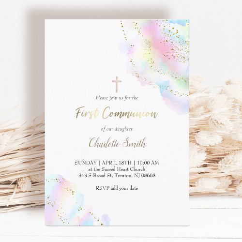 colorful watercolor splash  First Communion girl  Invitation