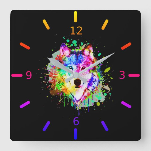 Colorful Watercolor Splash Wolf Square Wall Clock (Front)