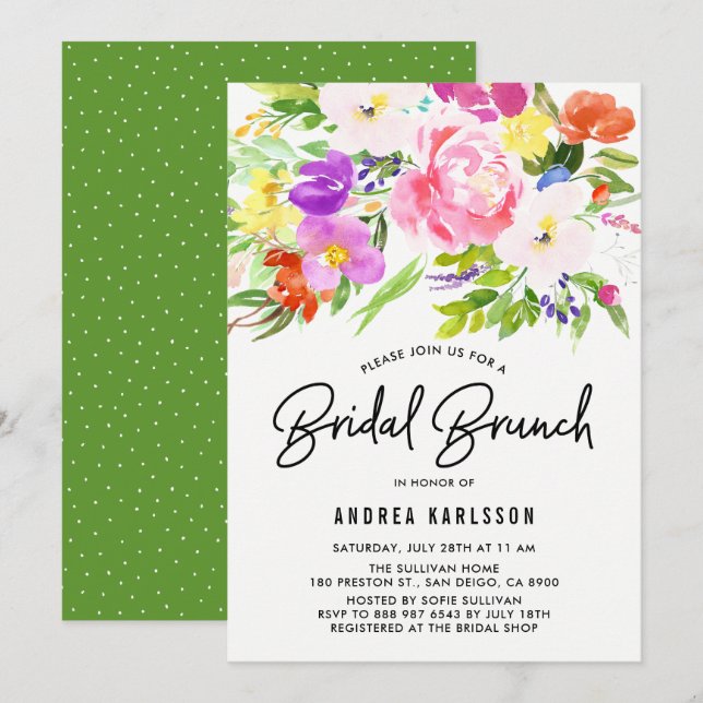 Colorful Watercolor Spring Blooms Bridal Brunch Invitation (Front/Back)