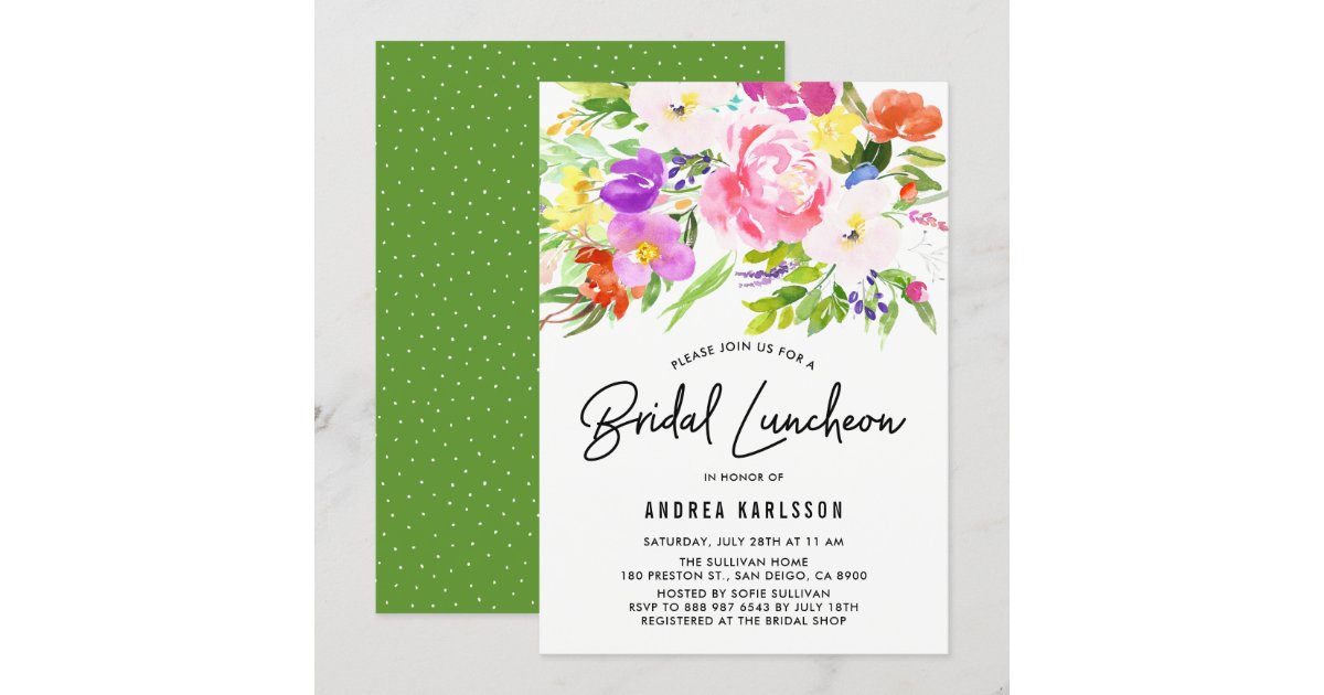Colorful Watercolor Spring Blooms Bridal Luncheon Invitation | Zazzle