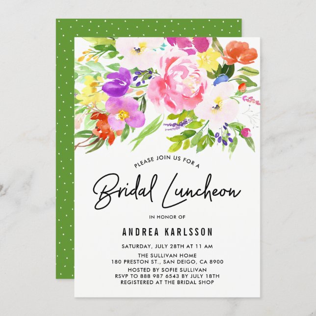 Colorful Watercolor Spring Blooms Bridal Luncheon Invitation (Front/Back)