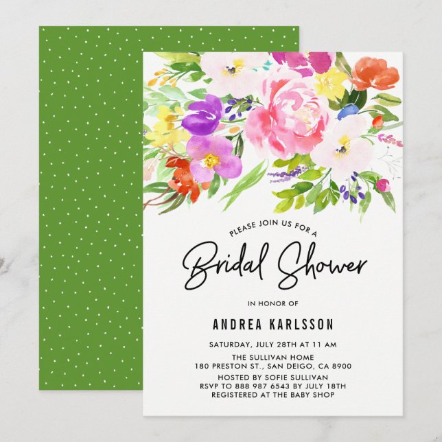 Colorful Watercolor Spring Blooms Bridal Shower Invitation (Front/Back)