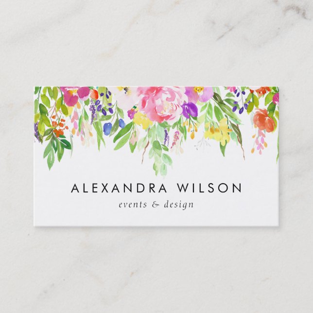 Colorful Watercolor Spring Blooms Business Card (Front)