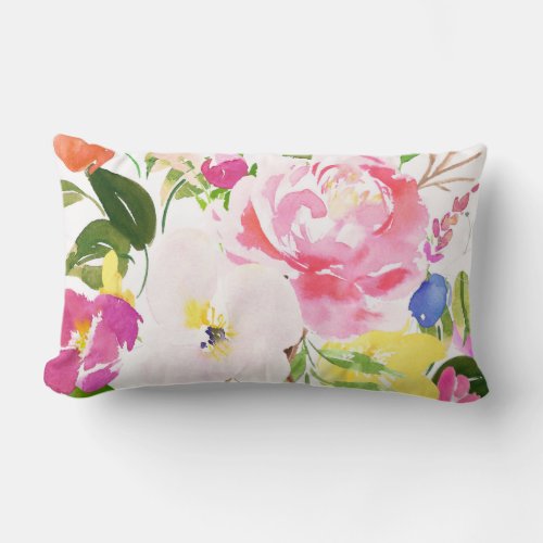 Colorful Watercolor Spring Blooms Floral Lumbar Pillow