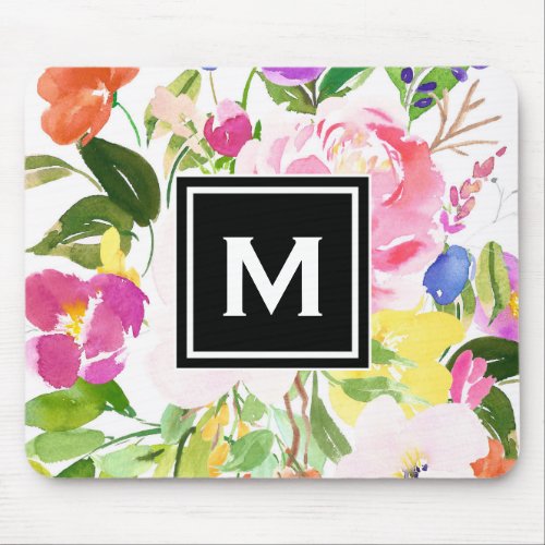 Colorful Watercolor Spring Blooms Floral Monogram Mouse Pad