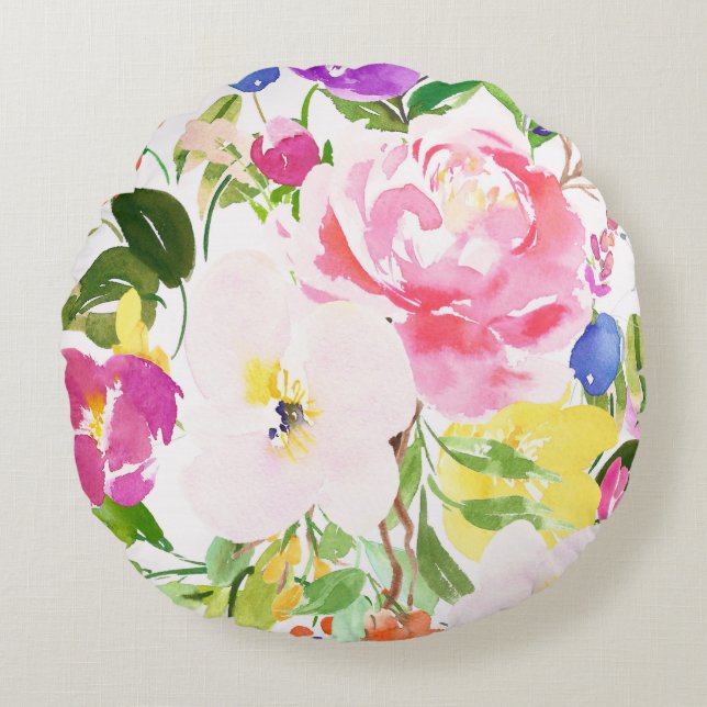 Colorful Watercolor Spring Blooms Floral Round Pillow (Front)