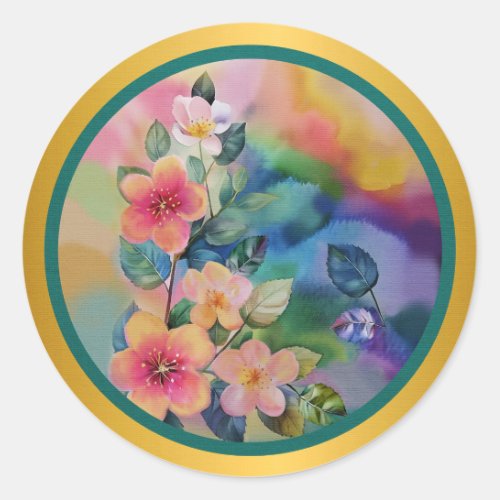 Colorful Watercolor Spring Branch with Flowers  Classic Round Sticker