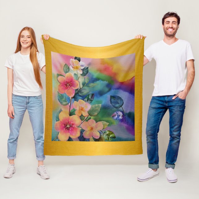 Colorful Watercolor Spring Branch with Flowers  Fleece Blanket (In Situ)